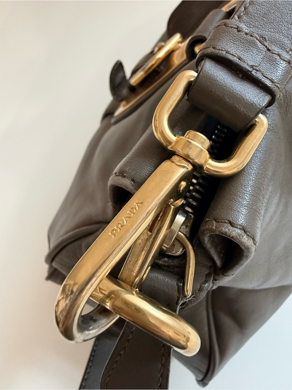 Prada Taupe Gray Leather Satchel Crossbody Bag with Gold Hardware Vitello Daino - Picture 11 of 15